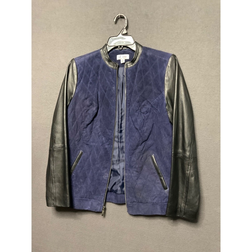 Denim & Co XS Navy Leather Sleeve Quilted Jacket Genuine Leather Front